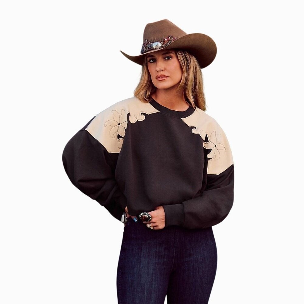 Wrangler Lainey Wilson Women's SM French Terry Crew Pullover Sweatshirt Brown